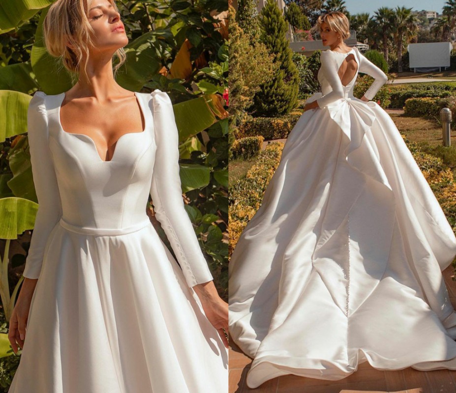 Modern Africa Wedding Dress New 2022 Long Sleeves Satin Princess Bride Dresses Queen Anna Neck Backless Bridal Gowns Vestidos de Noiva Robe Mariage