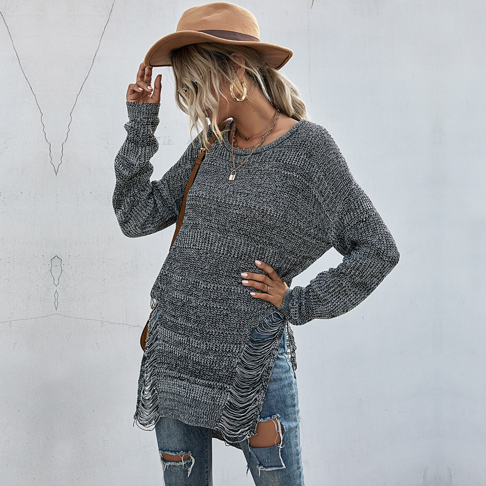 New Women's Ripped Autumn Sweaters Disdressed Tops Long Knit Ribbed Clothes Lady's Wooly Winter Jumpers Side Slit Pullovers 201030wtt