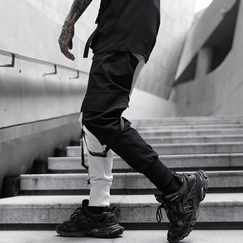 Hip Hop Cargo Pants Men Streetwear Black White Stitching Trousers Casual Harem Joggers Sweatpants Harajuku Tide Mens Clothing 201110