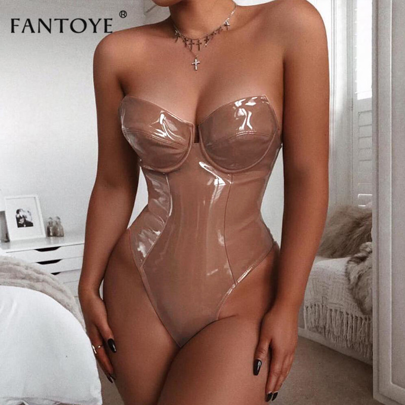 Fantoye PU Leather Sexy Backless Bodycon Playsuit Black Strapless Rompers Womens Jumpsuit Night Club Party Overalls Red Jumpsuit T200113