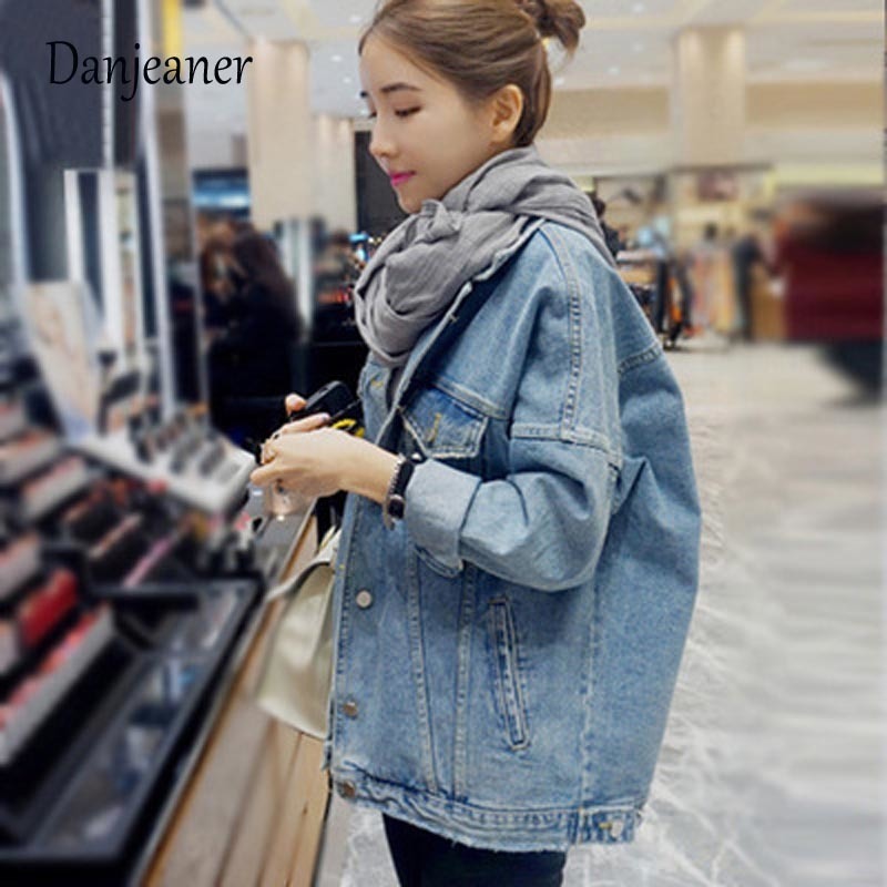 Danjeaner BF Wind Loose Large Size Denim Jacket Female Turn Down Collar Coat Casual Jean Jackets Frayed Pattern Basic Coat T200111