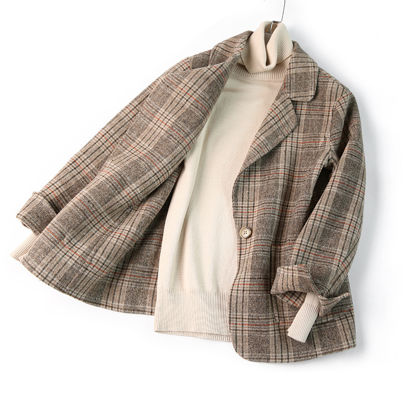 Women Wool Blazer 80Wool 20Poly Plaid Office Lady Blazer Single Button Two Pocket Jackets Autumn Winter Wool Coat 201114
