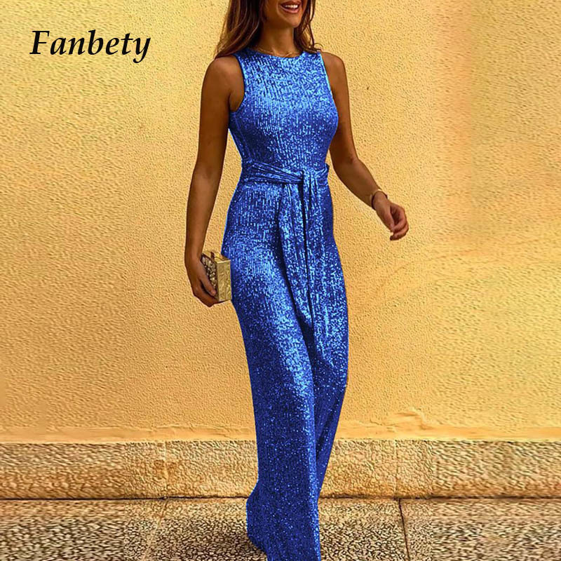 Elegant Sexy Backless Sequin Romper Jumpsuit Women Summer Sleeveless Shiny Belt Overalls Bodysuit Office Lady Glitter Playsuits T200303