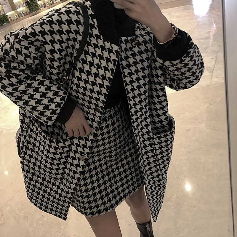 Black and white houndstooth jacket women's autumn and winter woolen jacket cashmere stitched nine-quarter sleeves 201222