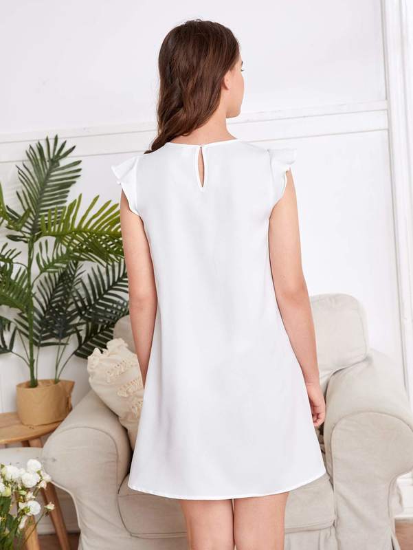 Teen Girls Mesh Insert Ruffle Trim Tunic Dress SHE