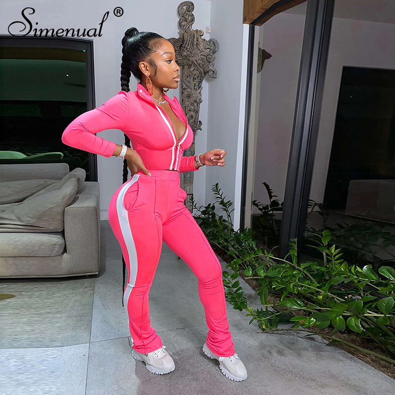 Simenual Sporty Casual Patchwork Women Two Piece Set Long Sleeve Workout Active Wear Outfits Zipper Top And Flare Pants Sets Hot T200817