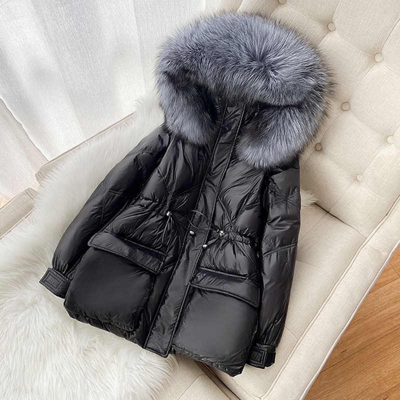FTLZZ Winter New Women Jacket Fox Fur Collar Hooded White Duck Down Parkas Tuck In The Waist Casual Short Oversized Snow Outwear 201019