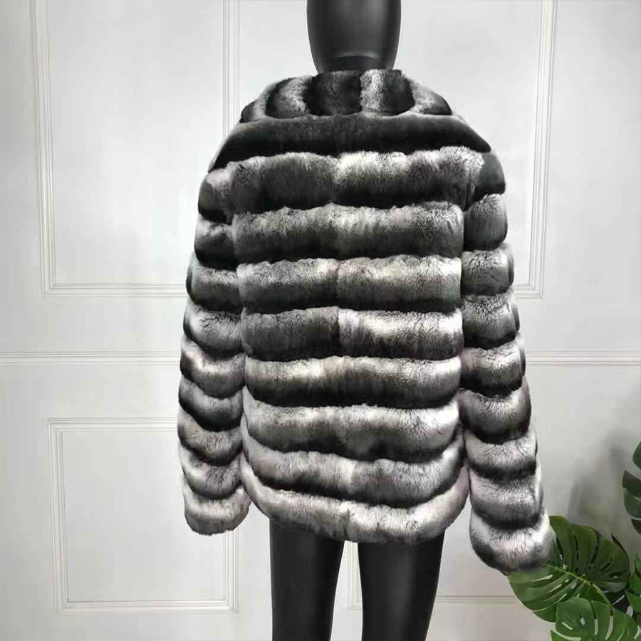 New Fashion Rex Rabbit Fur Coat Full Sleeves Chinchilla Color High Quality 100% Genuine Rex Rabbit Fur 201112