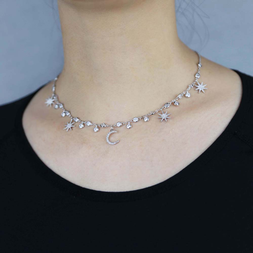 2021 fashion trendy wedding necklace with cz paved geometric star moon dangle charm paved statement station choker necklace for women