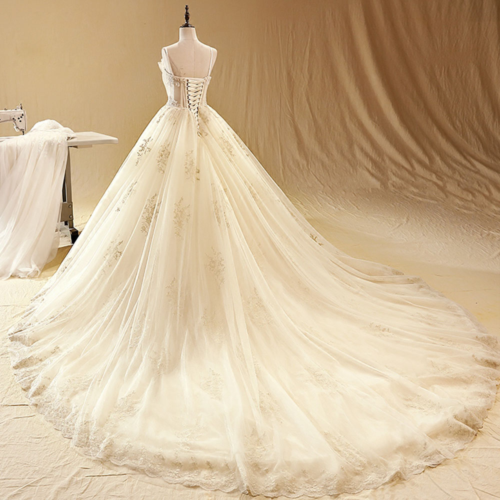 Pearls Flower Appliques Lace Prom Dress Spaghetti Strap A-Line Lace Up Vestido De Novia Floor Length Custom Made Bridal Dress