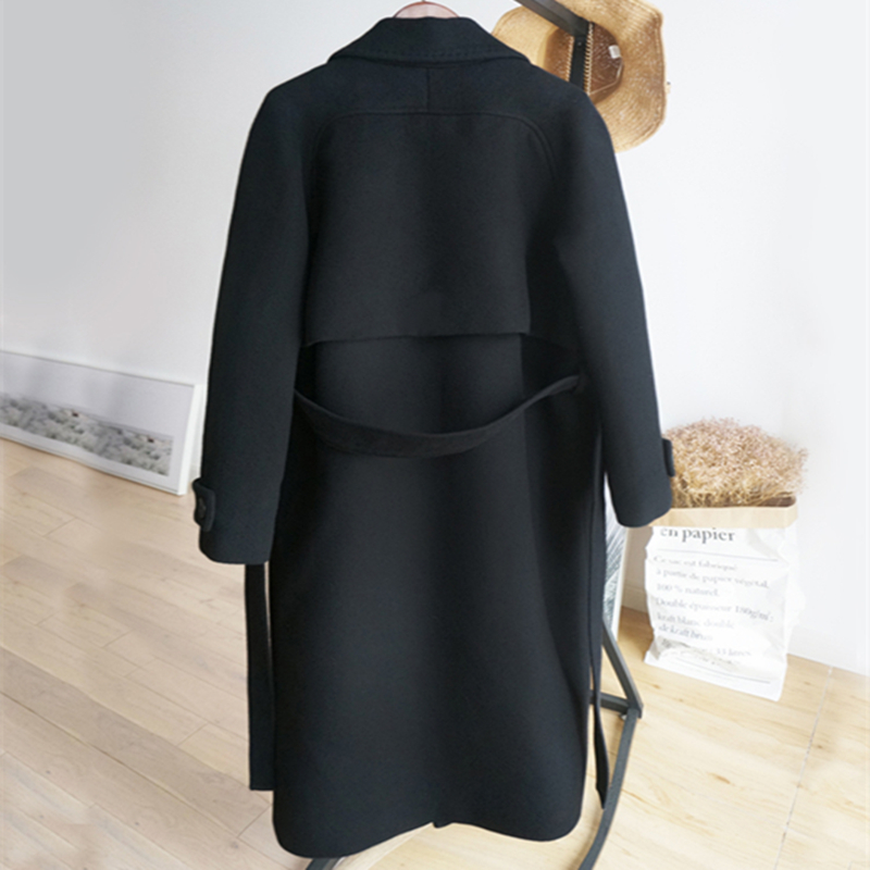Woolen Autumn Winter Black Coat Women's Clothing Fashion Women Jacket Loose Belt Long Overcoat Female Casual Wool Coat 2