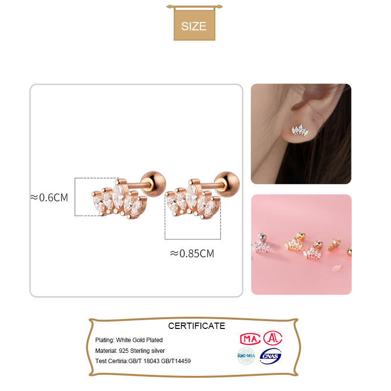 Real 925 Sterling Silver Crown Screw Beads Stud Earrings For Women Children Baby Girls Minimalist Jewelry