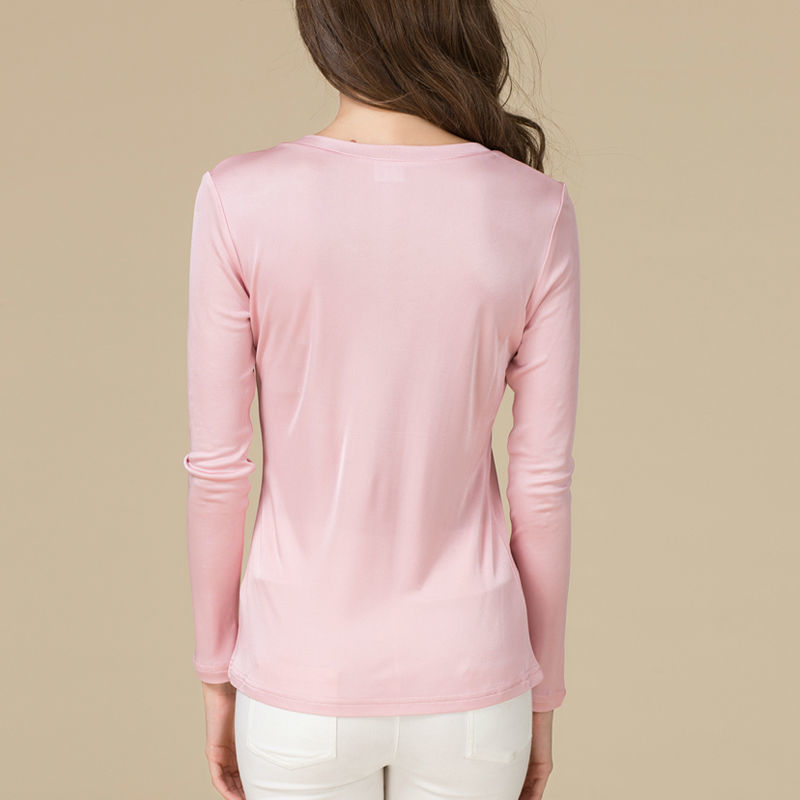 SuyaDream Women T shirt Natural silk Long Sleeves V Neck Solid Basic Shirt Pink Blue Purple Bottoming Top 201028
