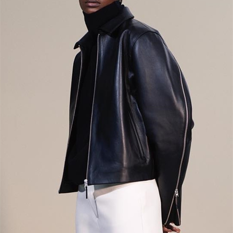 Fashion Black Lucca leather jacket front zip side slip pockets twisted zips along the sleeves cropped Leather Jackets Woman 201029
