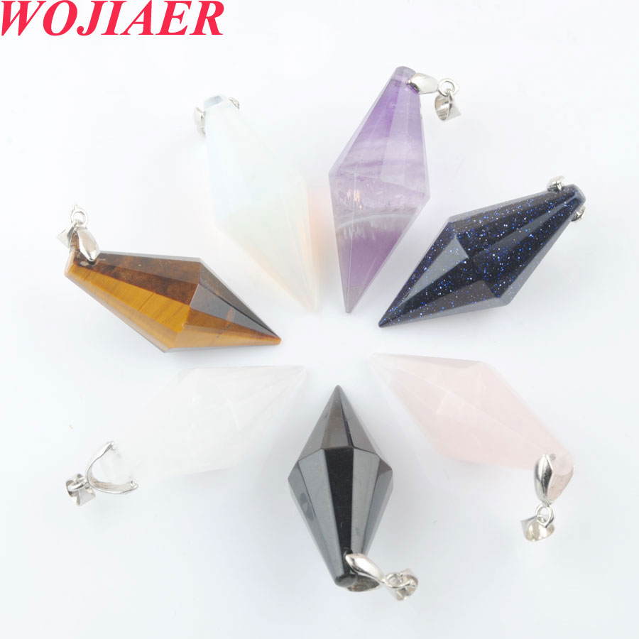 WOJIAER Unique Symmetry Pendant Necklace Cone Natural Healing Crystal Multi Faceted Pyramid Reiki Chakra Amulet Jewelry DBO916