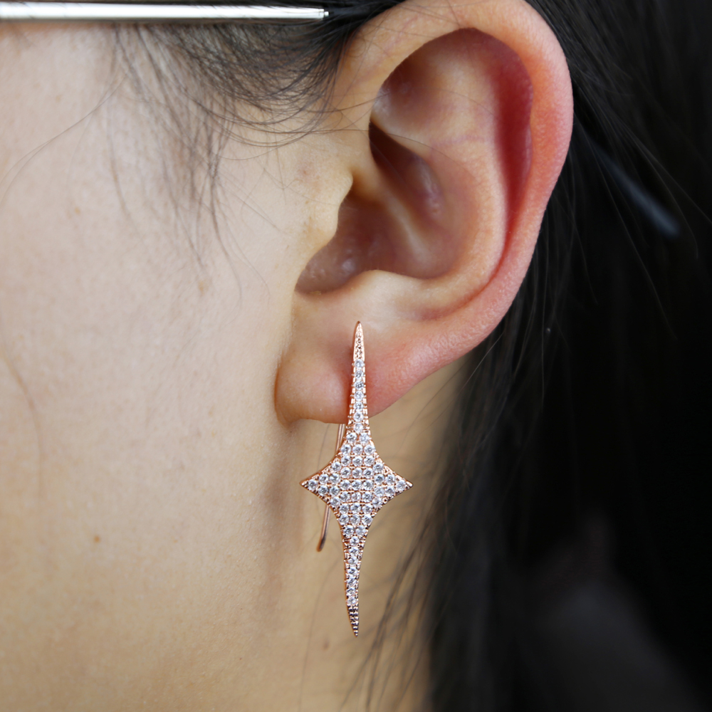 2021 Classic Starbrust Bling Cz Charm Rose Gold Color Studs Earrings for Women Engagement Jewelry Christmas Gift Wholesale