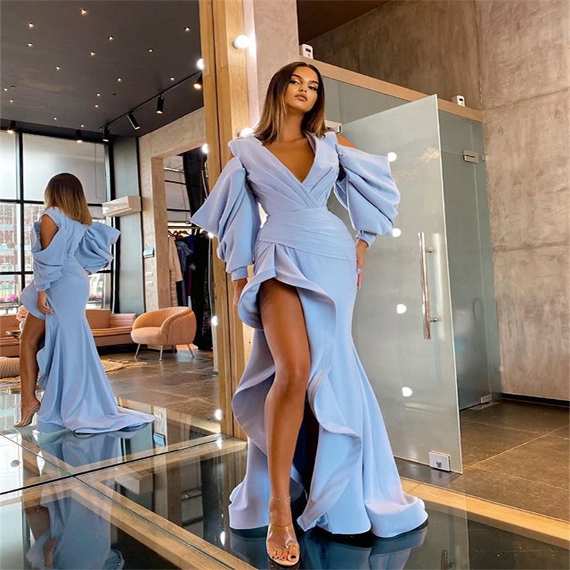 Modern Side-split Evening Dresses Fashion Ruffles Satin V-neck Long Sleeves Formal Prom Dresses Custom Made Sweep Train Mermaid Party Dress