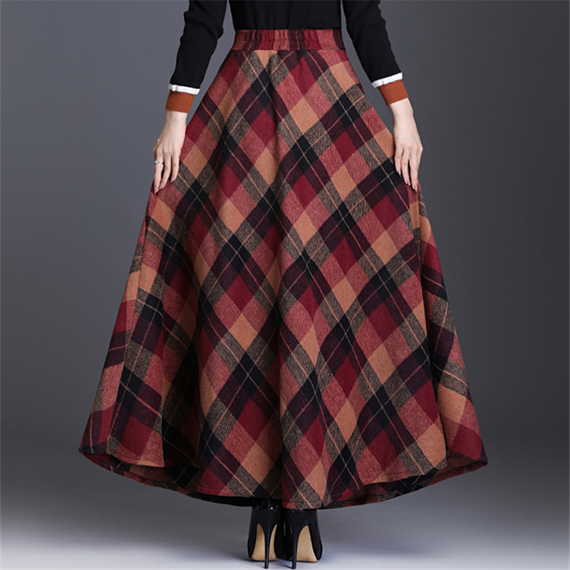 Neophil Woolen Warm Plus Size 3XL Plaid Skirts Winter Women England Style Pockets Midi Pleated A Line Tartan Skirts S9216 201110