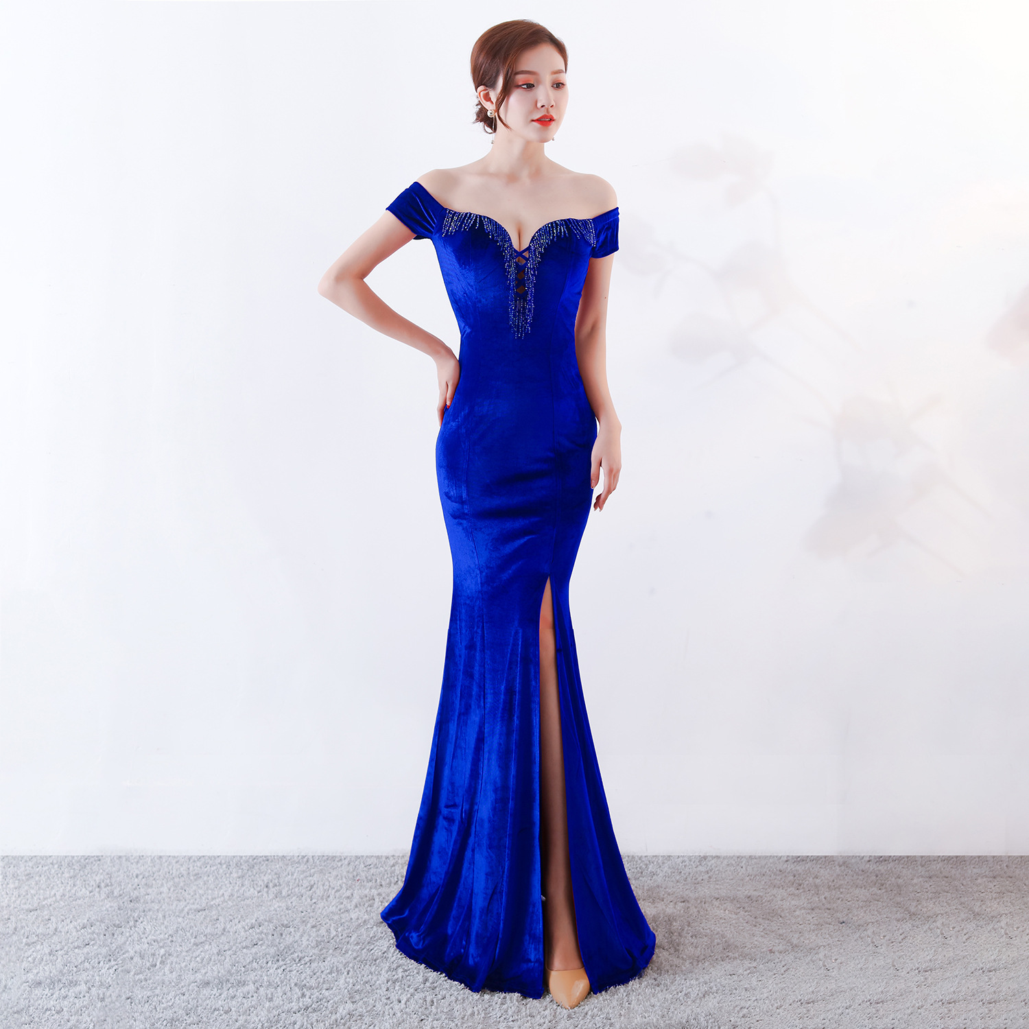 Women's Evening Dress Sexy Host Fishtail Skirt Long Velvet Slim Fit Dignified atmosphere prom gowns robe vert émeraude
