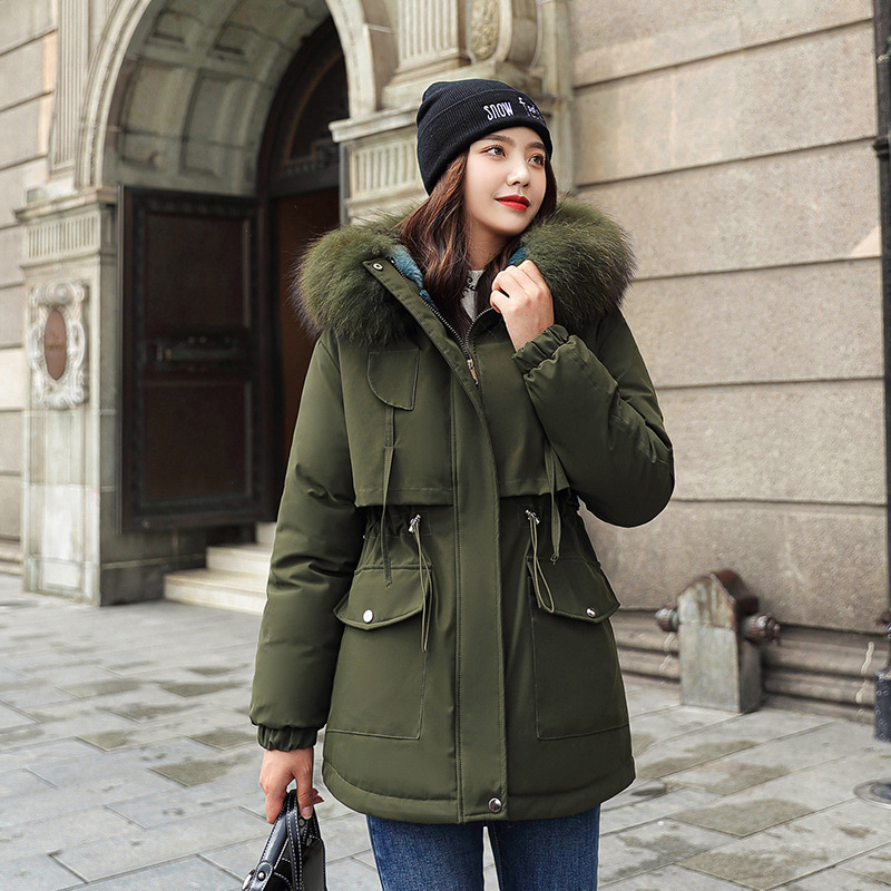 FORERUN Winter Coat Women Fleece Cotton Padding Fur Hooded Slim Waist Drawstring Thick Long Jacket Solid Parkas Mujer 201019