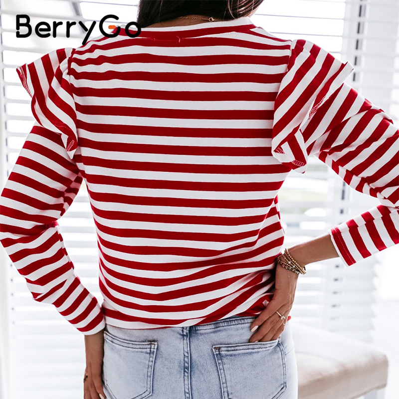 BerryGo Causal Long Sleeve Red White Striped Tops For Female Autumn Winter Ruffled Base Shirt Streetwear O-neck Women Tops 201028