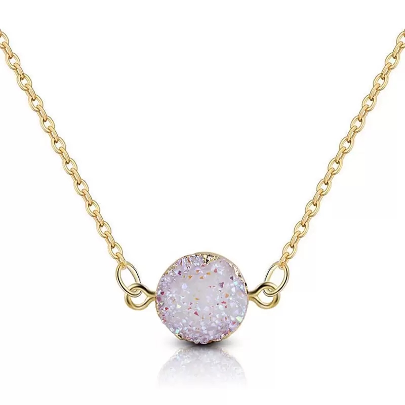 Elegant Round Druzy Resine Stone Necklace for Women Gold Sapphire Quartz Circle Charm Necklaces Round Flat Back Dome Cabochons Chain Jewelry Gift