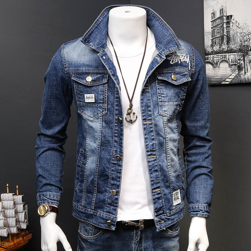 fashion Denim jacket mens letter jacket slim embroidery spring and autumn youth stand-up collar long-sleeved denim coat 201127