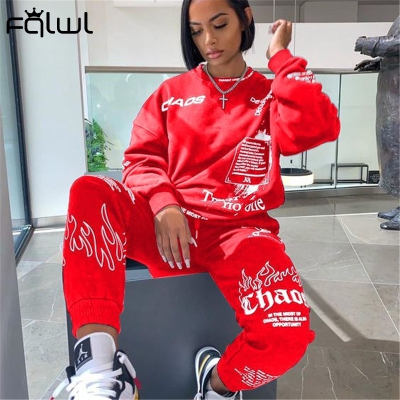 FQLWL Letter Print Loose 2 Two Piece Set Women Outfit Streetwear Tracksuit Oversized Sweatshirt Joggers Women Pants Matching Set T201031