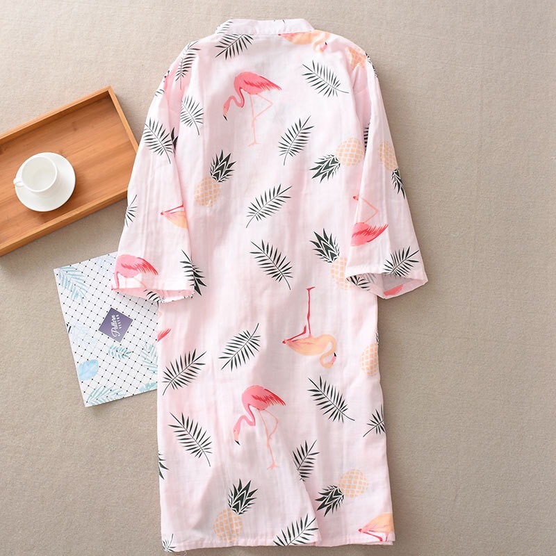 Summer Autumn 100% Cotton Robes Double Gauze Kimono Nightgown Simple Nature Flamingo Thin Section Loose Large Size Home Bathrobe 210203