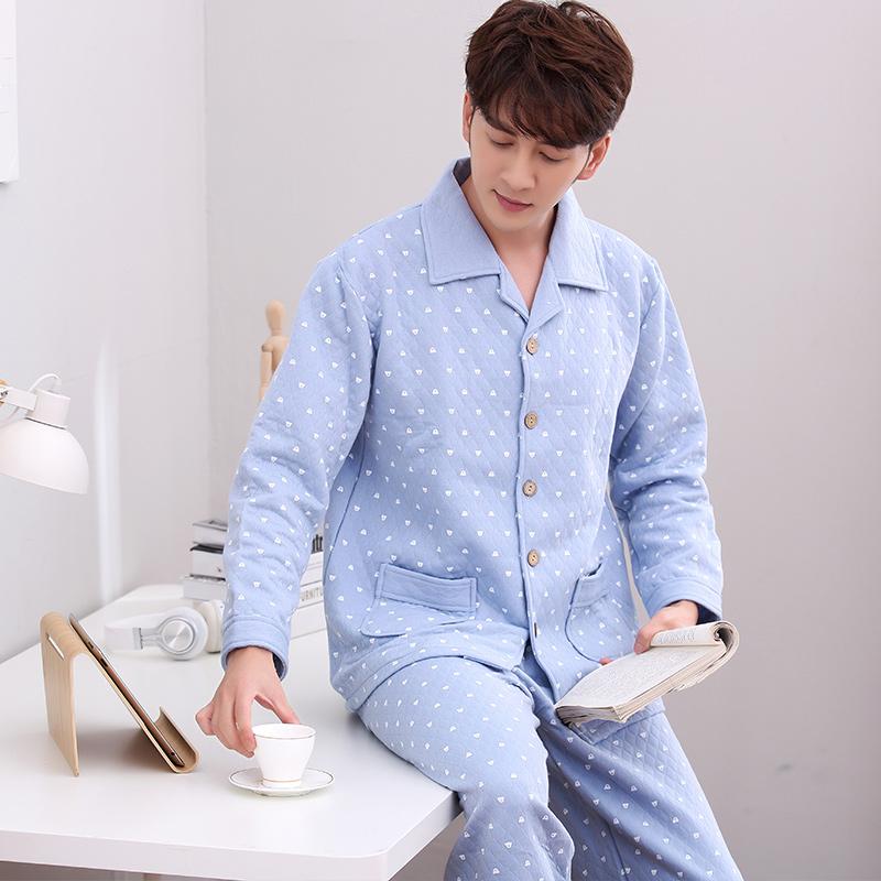 Pajamas men's autumn and winter thick long-sleeved laminated air blue cotton home service male warm plus size thin quilted suit, Dm5633 
Pajamas men's autumn and winter thick long-sleeved laminated air blue cotton home service male warm plus size thin quilted suit, Dm5633