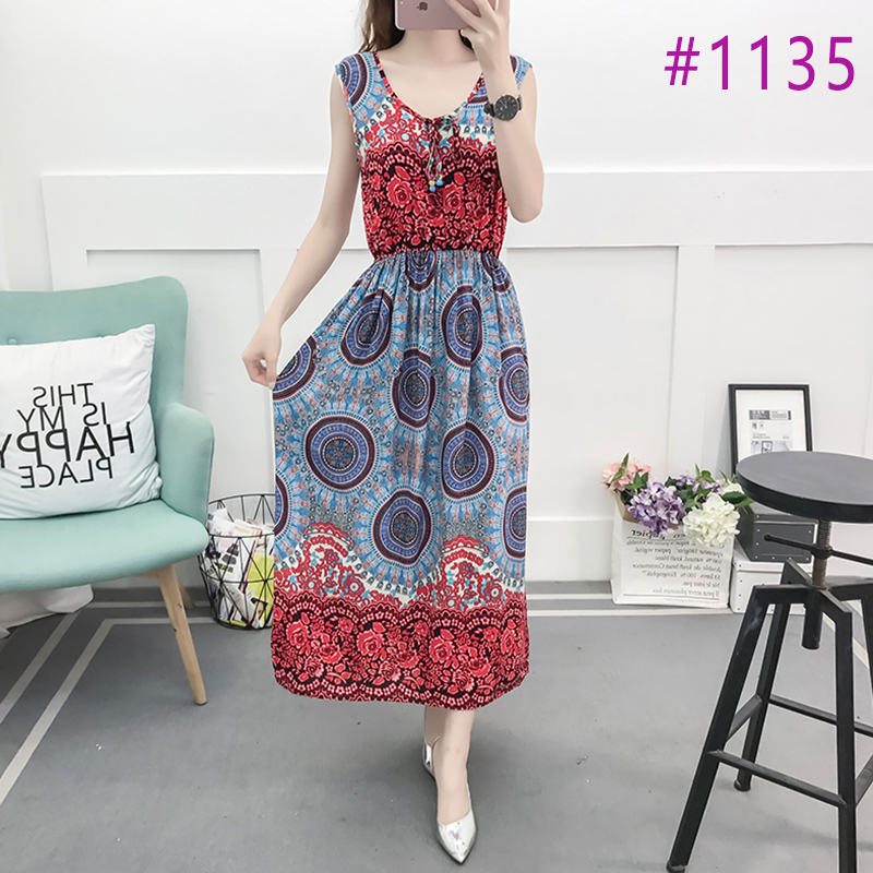 Vintage Women Summer Bohemian Dress Beach Boho Elegant Printed Dresses New Fashion Flower Loose Plus Size Sleeveless Dress T200604