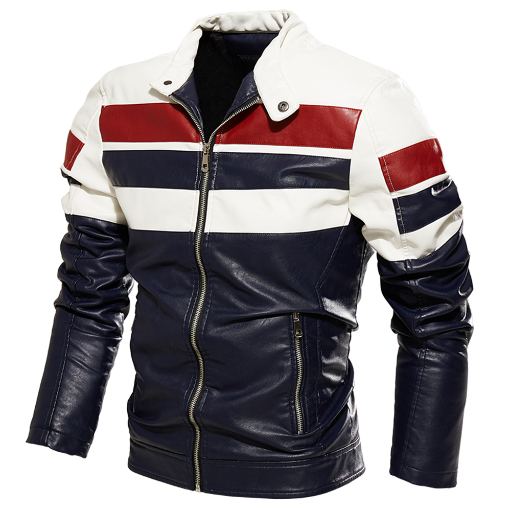 Mens Jacket Stripe Colorblock Bomber Jacket Street Wear Autumn Winter Coats Men Leather Fur Jacket Motorcycle Slim Fit Coat 201127
