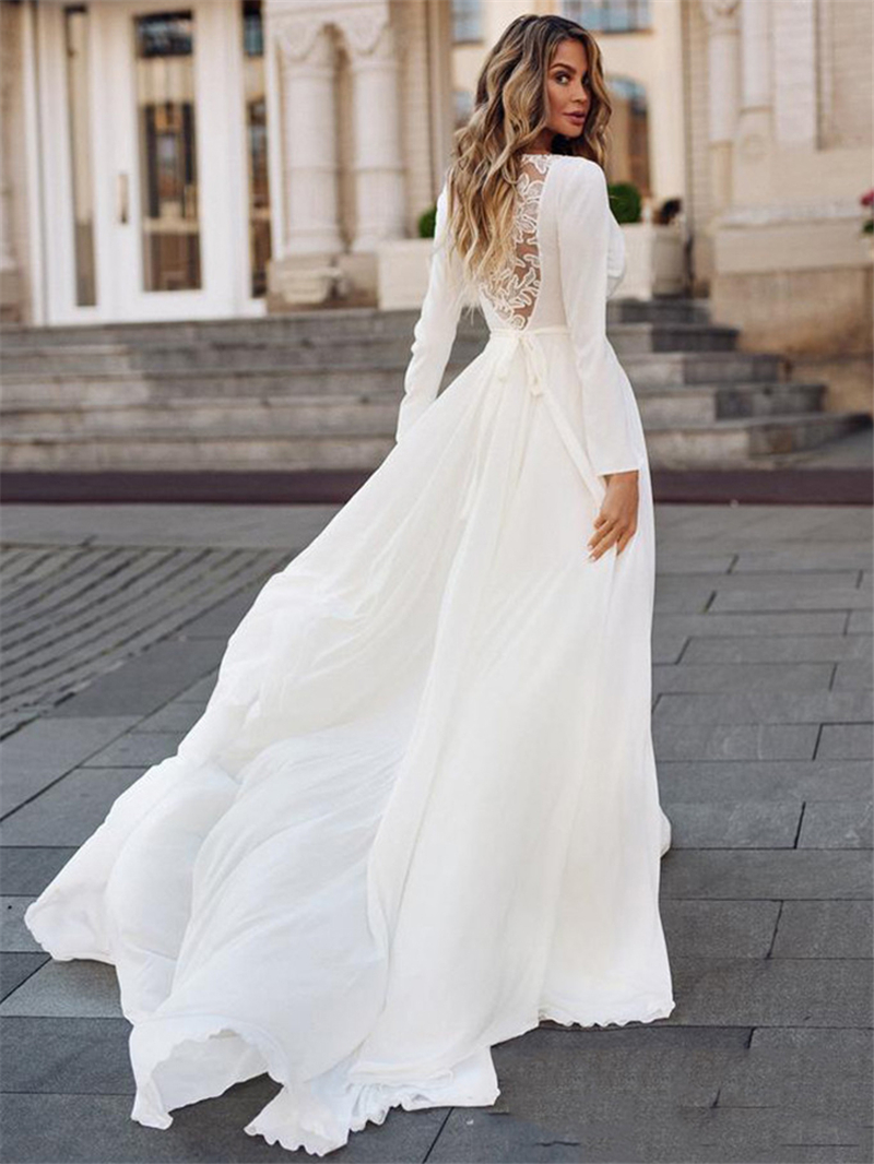 Simple Beach Chiffon Wedding Dresses 2024 Long Sleeve Boho Bridal Gown White Lace Appliques Wedding Gowns Custom Made Plus Size V-neck