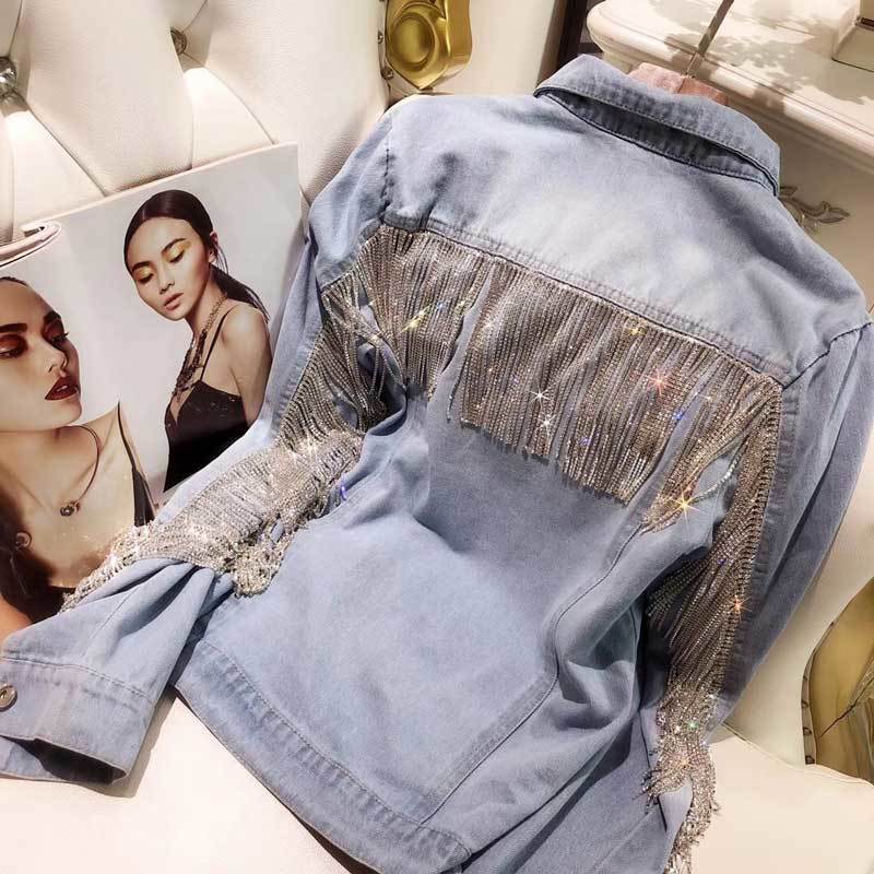 Boho inspired denim jacket women fashion coasts bling rhinestone chaines long sleeves blue vintage loose jacket women new 201017