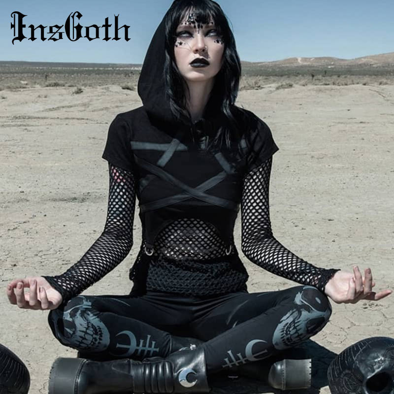 InsGoth Black Women Gothic T-shirts Pentagram Printed Mesh Long Sleeve Sexy Hollow Out Female T-shirts Fashion Streetwear Tops Y200109
InsGoth Black Women Gothic T-shirts Pentagram Printed Mesh Long Sleeve Sexy Hollow Out Female T-shirts Fashion Streetwear Tops Y200109