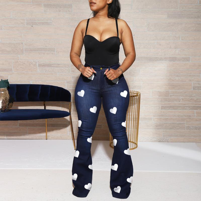 Women's Jeans Bell Bottomed Wide Leg Womens Clothing Heart Printing Classic High Waist Denim Pants Bootcut Trousers