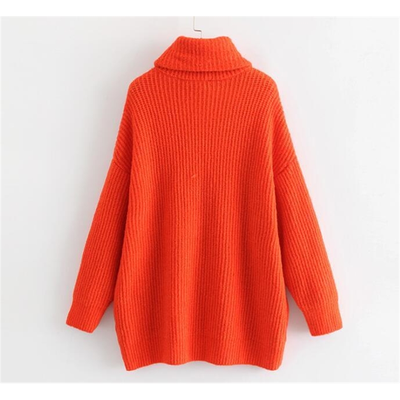 Winter Women Orange Color Turtleneck Knit Sweater Batwing Sleeves Oversize Knit Pullovers 201223