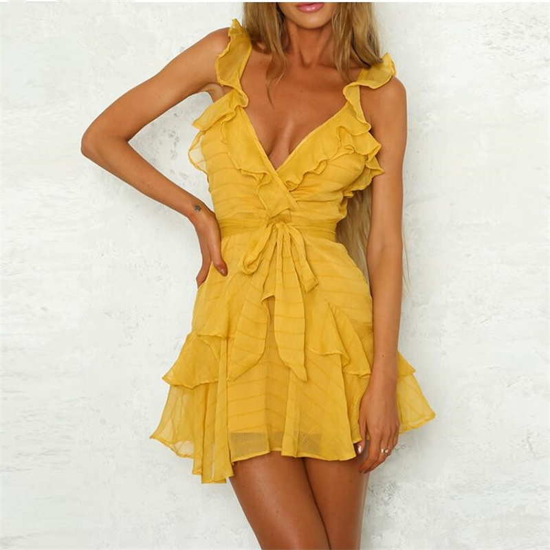 summer Deep V Neck Yellow Green white Sexy Dress Ruffle Bow Women Dress Solid Casual Bohemian Beach Dress Vestidos R133 T200619