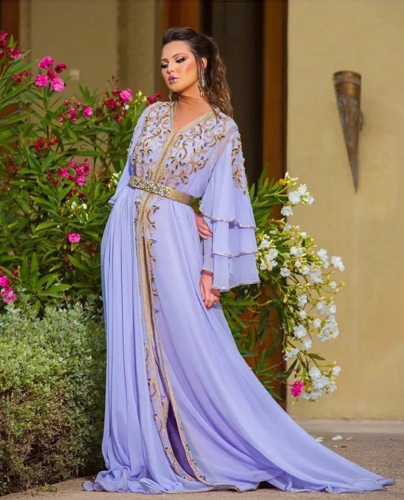 Modern Chiffon Moroccan Kaftan Evening Dresses Luxury Crystals Beaded V-Neck A Line Formal Event Gowns Puffy Sleeve Arabic Duba Special Occasion Dress