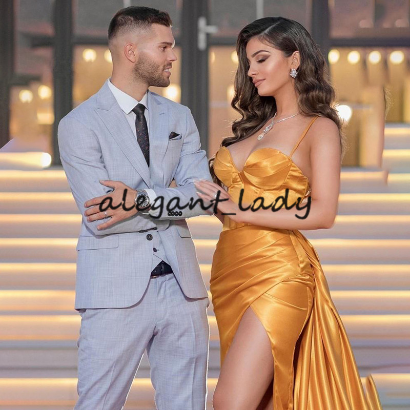 2021 Gold Sweetheart Prom Dresses Satin Long Evening Gown mermaid Sexy High Split Dubai Party Dress Formal Gowns Abendkleider