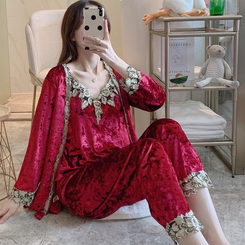 Autumn Winter Warm Pajamas Set Women SleepSet Deep Gold Velvet Sexy Homewear Pyjamas Women Pajama Sets Long Pant Set Robe Women 201113