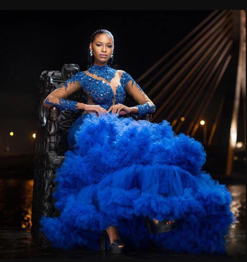 Royal Blue Mermaid Prom Dresses Lace Appliques Ruffles Sweep Train Evening Dress Custom Made Long Sleeves Formal Celebrity Party Gown