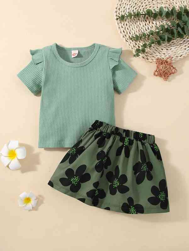 Baby Ruffle Trim Tee & Floral Print Skirt SHE