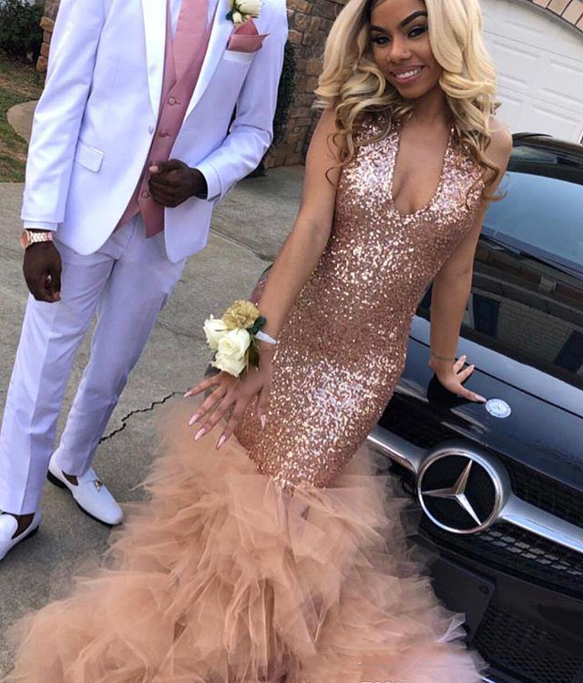 Sparkle Rose Gold Sequined Mermaid Prom Dresses For African Black Girls 2022 V-Neck Ruffles Tiered Skirt Long Evening Gowns Special Occasion Dress Pag