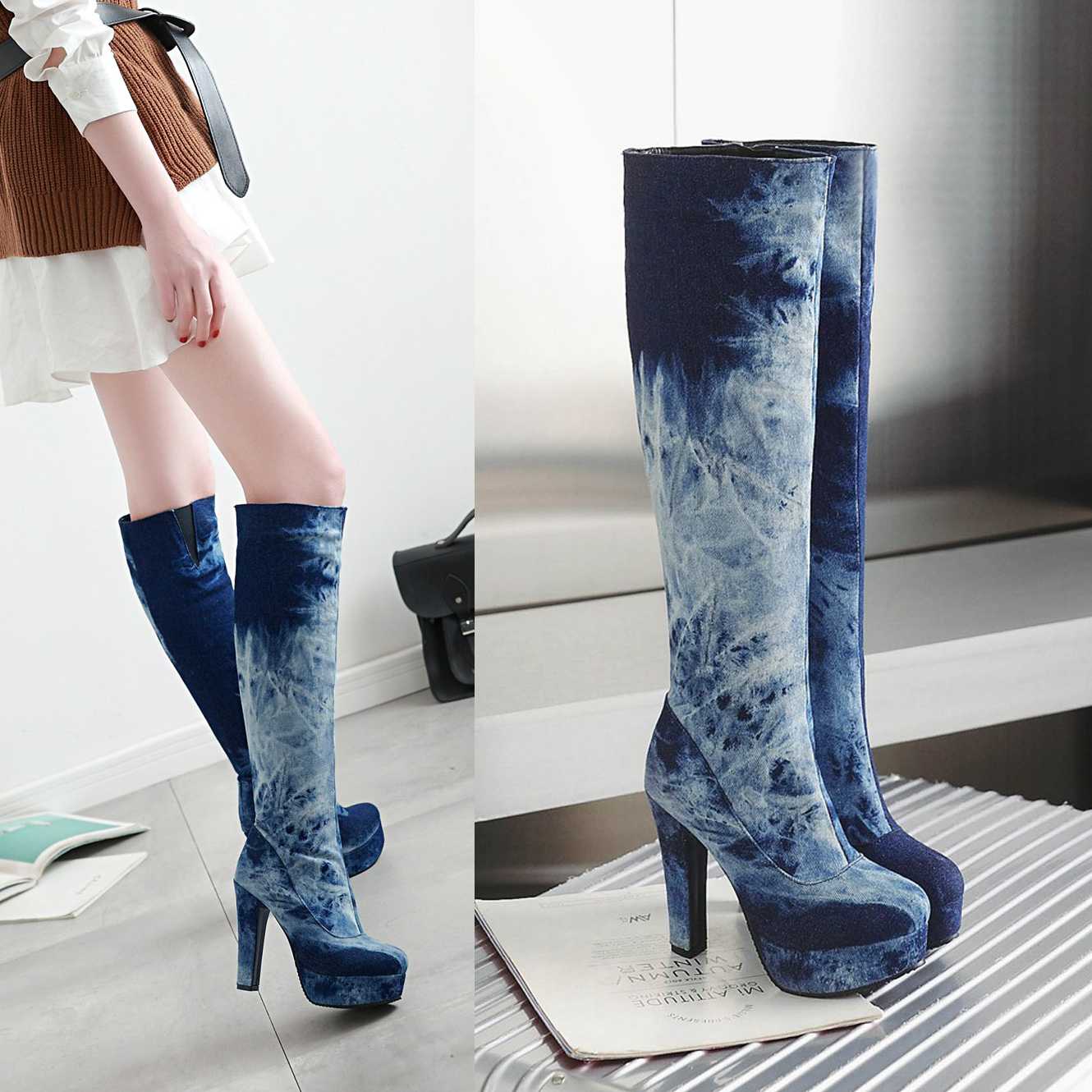INS HOT Women knee-high boots denim fabric Splicing European and American women winter boots Cross strap Classic washing, Dark blue
INS HOT Women knee-high boots denim fabric Splicing European and American women winter boots Cross strap Classic washing, Dark blue
