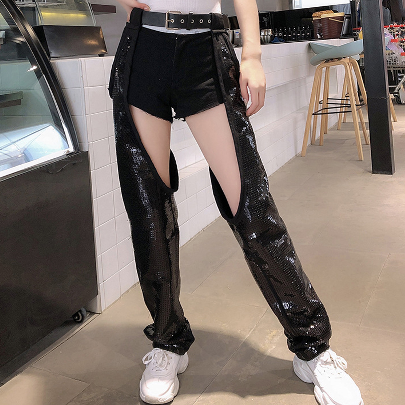 Women Streetwear Cargo Jogger Patchwork High Waist Belt Denim Short Hollow Sexy Sequin Pant Punk Hip Hop Ballroom Black Harem T200422