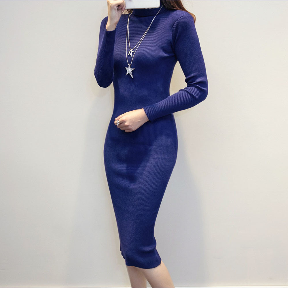 Women Autumn Winter Knitted Sweater Dresses Slim Elastic Turtleneck Long Sleeve Sexy Lady Bodycon Dresses 201008