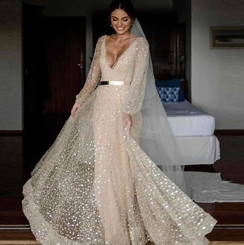 Boho Bride Gowns Champagne Glitter Two Pieces Wedding Dresses With Deatachable Coat Gold Sash 2022 Puff Long Sleeves V Neck robe de mariée