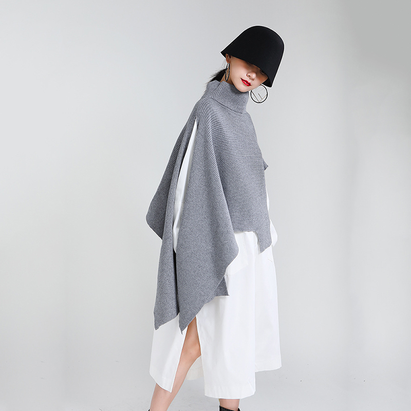 [EAM] Gray Irregular Big Size Knitting Sweater Poncho Loose Turtleneck Long Sleeve Women New Fashion Autumn Winter 2021 1Z868 210203