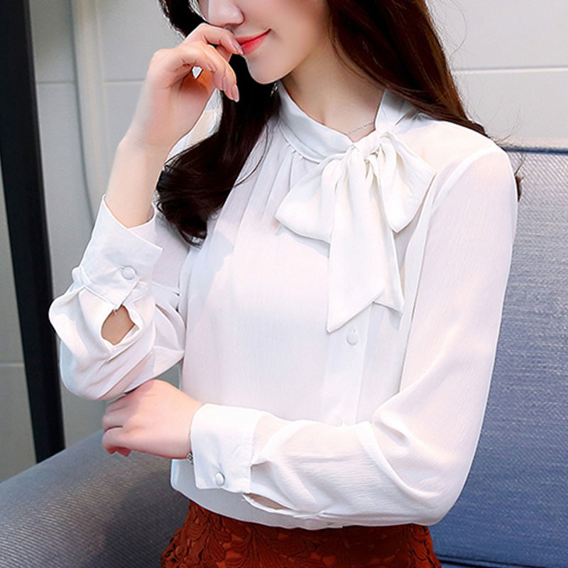 Autumn Blouse Women Bow Women's Clothing Long-sleeved Chiffon Blouse White Solid Purple Women Tops Blusas Shirts D304 30 201028